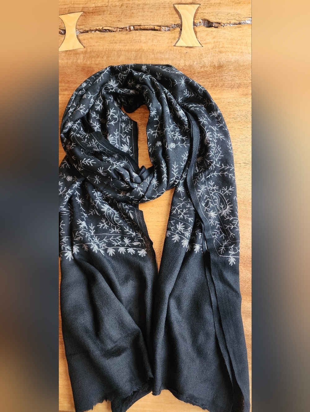 Black Scarf with White Floral Embroidery